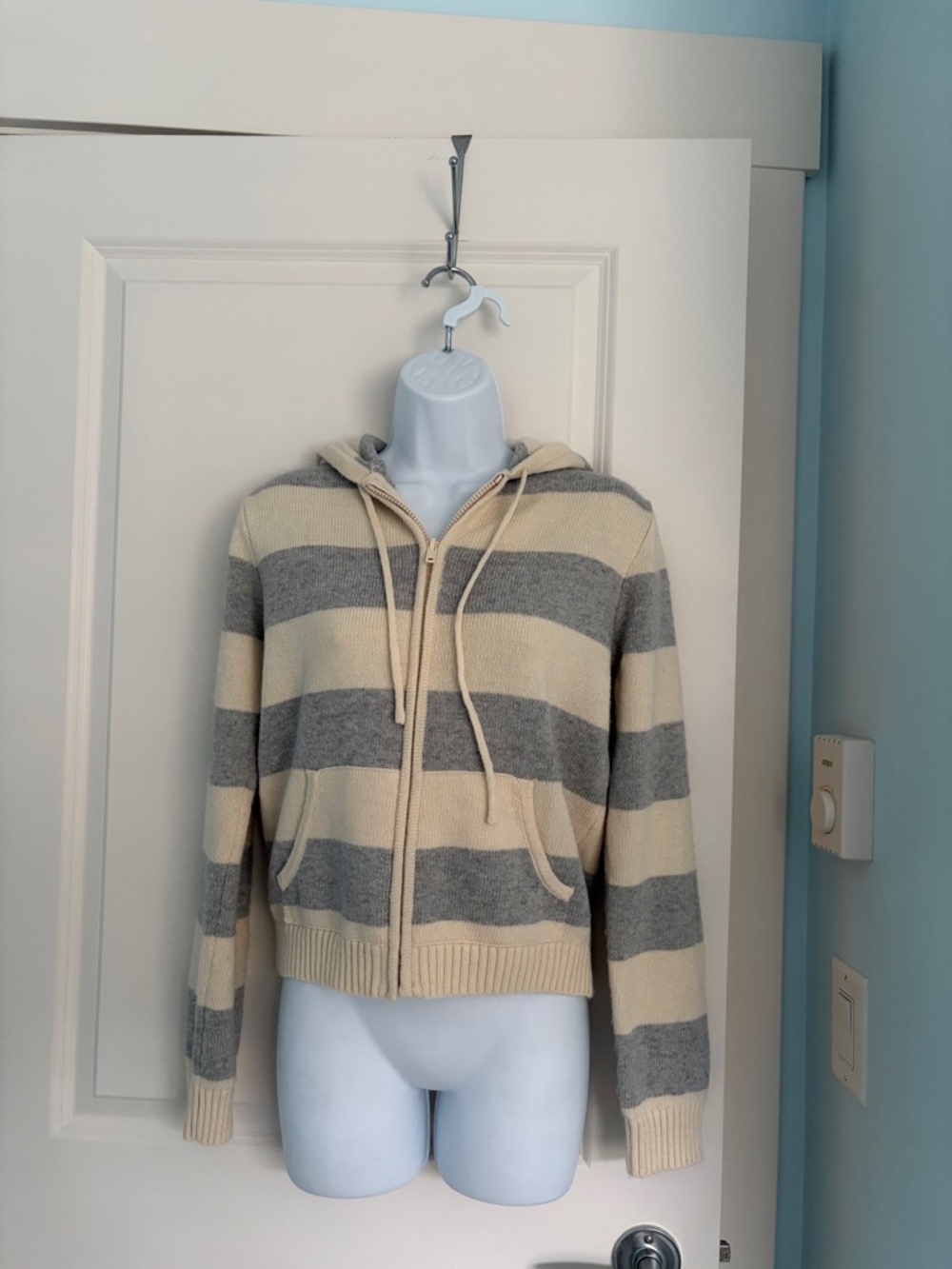 Brandy Melville Cream and Gray Striped Zip Hoodie